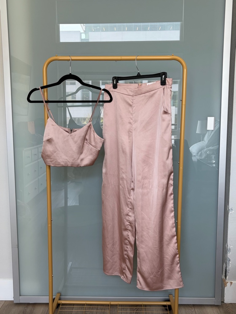 Satin Wide-Leg Pants & Cropped Cami Set - Blush